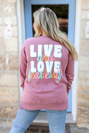 Live & Love Fearlessly (Mauve Puff Print) - Acid Wash Sweatshirt / Crew